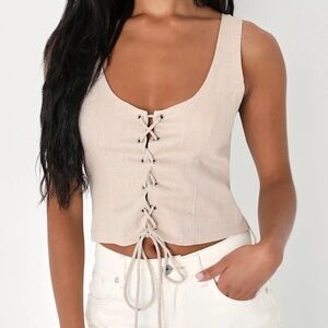Lulus NEW Trendy Treasure Taupe Lace-Up Cropped
Corset Tank Top